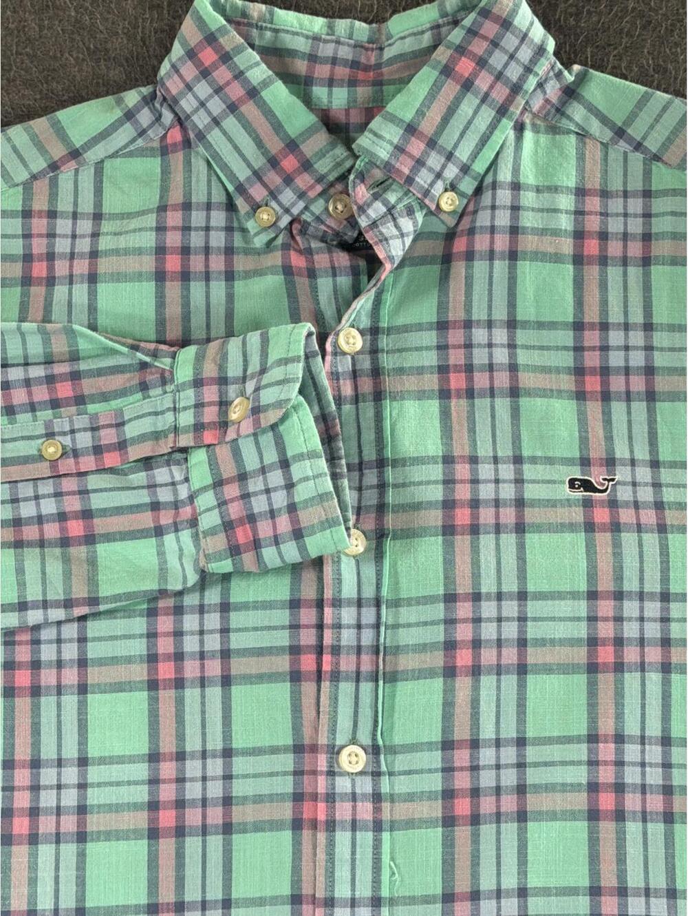Vineyards Vines Button-Down Mint and Pink Plaid Men's Whale Shirt - Size XS